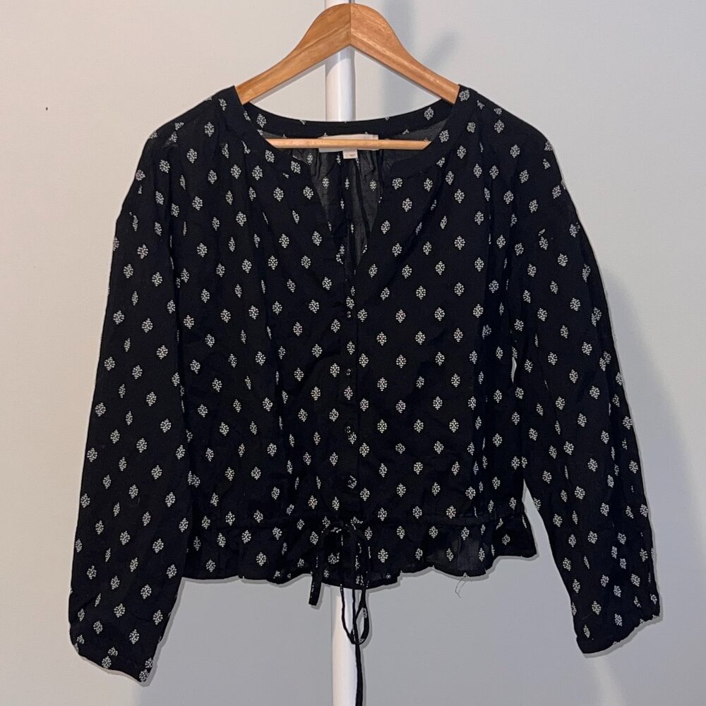 Black Cropped Puff Sleeve Boho Printed Top
